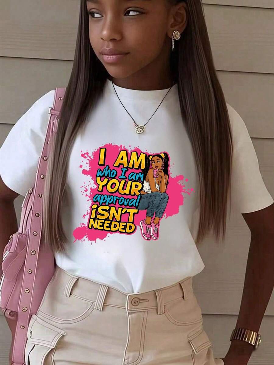 Girls & Teenagers Students Casual Printed Black Crew Neck Short Sleeve T-Shirt Top, Summer - White - View 1