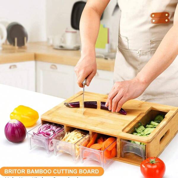 Bamboo Cutting Board Set With 4 Prep Bowls & Graters, Multi-Functional Kitchen Organiser - Large Chopping Block For Kitchen & Camping