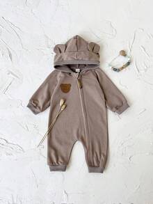 Newborn Baby Boy Clothes Jumpsuit, Bear Badge Decor, Long Sleeve, Hooded, Brown, Spring/Autumn - Brown - View 7
