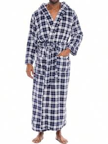 Mens Robe With Hood, Plush Fleece Hooded Mens Bathrobe, Big And Tall Bath Robe For Menhalloween - Blue Plaid - View 1