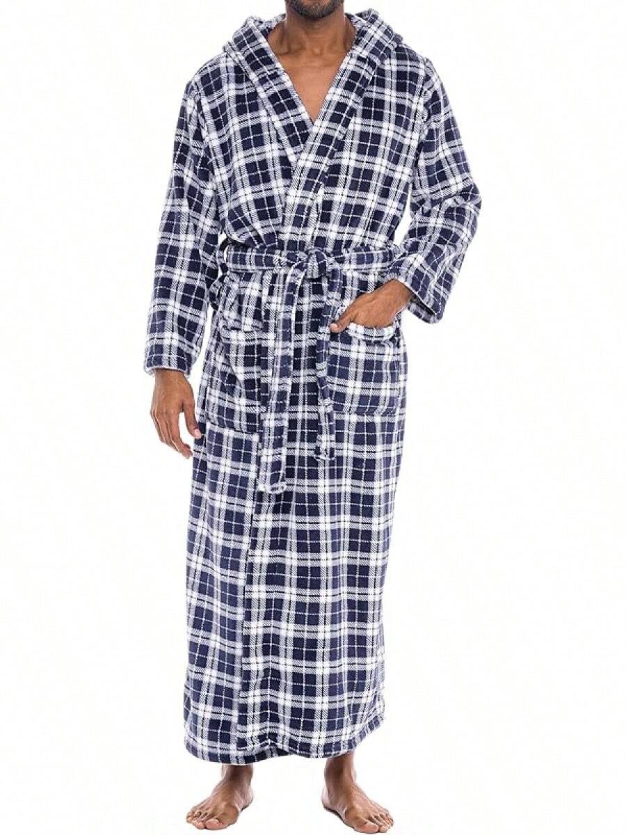 Mens Robe With Hood, Plush Fleece Hooded Mens Bathrobe, Big And Tall Bath Robe For Menhalloween - Blue Plaid - View 1