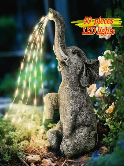 1pc Garden Decor For Outside Solar Outdoor Lights Resin Elephant Statue With Flickering Lights, 400Mah,LED Lucky Elephant Figurine Garden Light Home Decoration Ornament For Yard Balcony Plant Stand Porch Patio Flower Pots, Pool Accessories, Thanksgiving Gifts