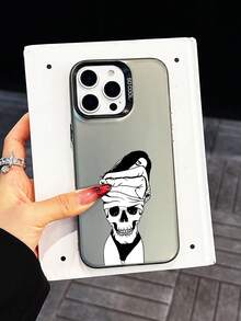 1pc Sexy Woman Skeleton Pattern Luxury Silver-Color IMD Thick Shockproof Anti-Fall TPU Phone Case, Compatible With IPhone/ Series - Black - View 4