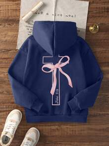 Women's Casual Graphic Print Loose Fit Thermal Lined Hoodie Sweatshirt, Winter - Navy Blue - View 3
