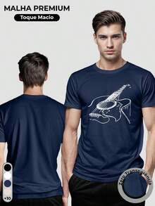 Men's 100% Cotton T-Shirt With Guitar Print - 藏蓝色 - 查看 2