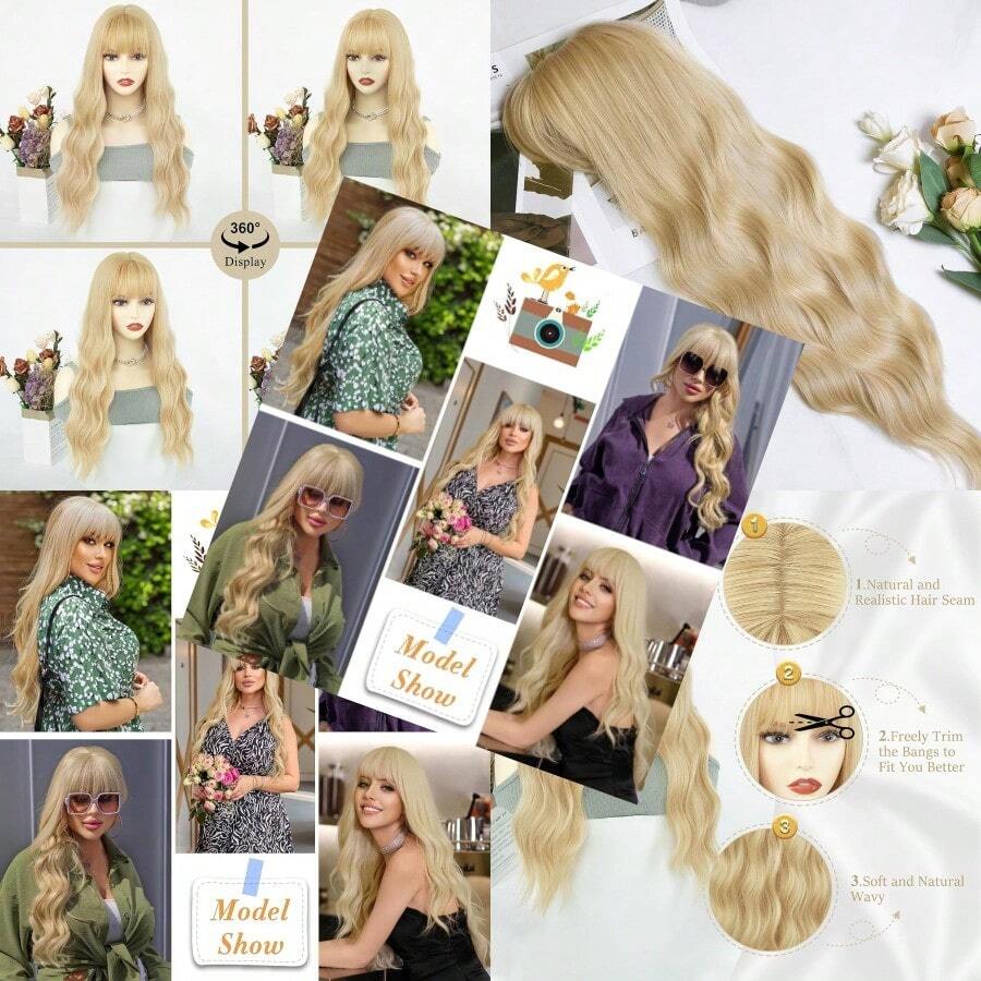 QAUARUMSUN Long Blonde Wig With Bangs 26 Inch Long Wavy Blonde Wigs For Women Synthetic Blonde Daenerys Hair Wigs Natural Looking Daily Cosplay Party Halloween