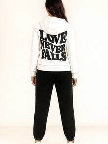 conjunto de pants de mujer 2 pzas  Casual  Dulce    Material Compuesto    Canalé  Bolsillo  Cordón    Casa  Diario  Deportivo - Negro - Ver 2