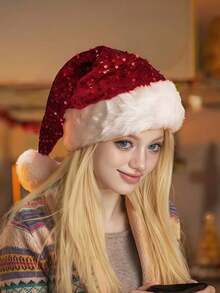 1pc Christmas Santa Claus Oversized Thick Plush Hat, Christmas Decor Atmosphere Hat, Double Layer Sequin Hat, Fashionable Oversized Thick Plush Hat