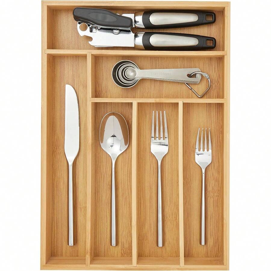 Organizador de cubiertos de bambú con 6 compartimentos, bandeja de madera para cubiertos de cocina, 45 * 32 * 6 cm - 6 cuadrículas - Ver 1