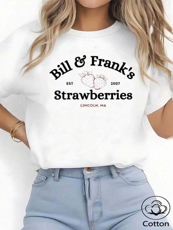 Strawberry Slogan Pattern Print, 2025 New Style White Crew Neck Fitted Short-Sleeved Women's T-Shirt, Casual Vacation College Retro Street Everyday Home Y2K Women's Top Comfortable Cotton Feel Women's Clothing Suitable For Going Out, Vacationing, Relaxing, Returning To School, And Multiple Occasions.