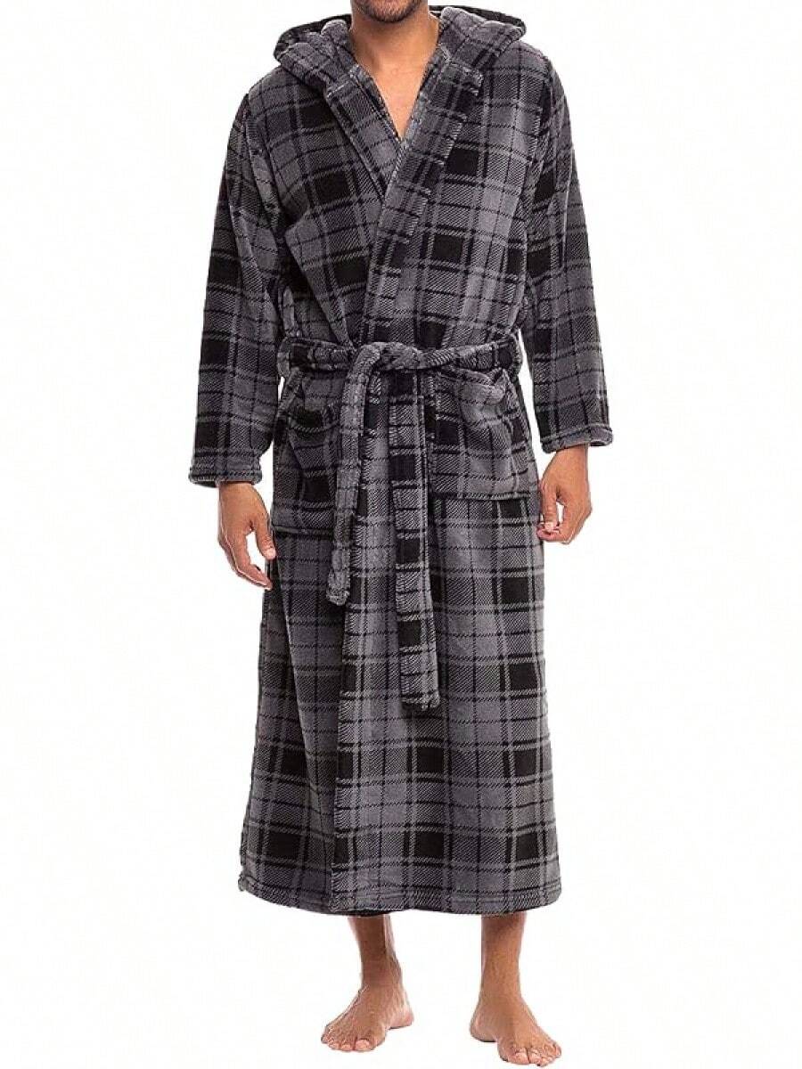 Mens Robe With Hood, Plush Fleece Hooded Mens Bathrobe, Big And Tall Bath Robe For Menhalloween - Gray Plaid - View 1