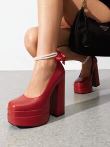 Women's Platform Mary Jane High Chunky Closed Square-Toe Heels Block Double Strap Dress Pumps Y2K Fashion Party Dating Shoes - 紅色 - 查看 4