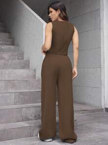 A&DD MODA, Ref: AS1431 – Women's Plain Suit, High-Waisted Straight Casual Pants, V-Neck Cardigan, Sophisticated Look, High Quality, Modern Look, Versatile Piece, Elegant Style, Two-Piece Set, Casual Chic Look, Comfortable And Stylish, Skirt With Pockets, Elastic Waistband, Eye-Catching Piece, Perfect For Spring And Summer, Blogger Style, Casual And Formal, Suitable For All Occasions, Elegant And Fresh, Feminine Look, Summer 2025 Collection. - 巧克力棕 - 查看 2