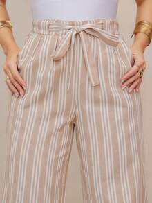 Linen Palazzo Pants With Front Tie And Vertical Stripes/240026-1 - 米色 - 查看 5