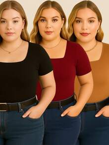 Kit With 3 Plus Size Blouses With A Basic Square Neckline For Women - đen/marsala/sô cô la - Xem 1