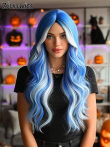 24 Inch Long Wavy Blue Grey Highlight Wig With Curtain Bangs For Women Heat Resistant Fiber Hairpiece,Natural Synthetic Full Machine Hair Wigs For Daily Music Festival Party Wear, Cosplay Halloween & Street Photography Use - 挑染藍色 - 查看 1