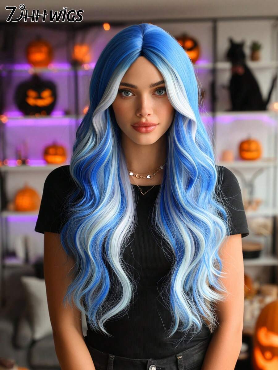 24 Inch Long Wavy Blue Grey Highlight Wig With Curtain Bangs For Women Heat Resistant Fiber Hairpiece,Natural Synthetic Full Machine Hair Wigs For Daily Music Festival Party Wear, Cosplay Halloween & Street Photography Use - 挑染藍色 - 查看 1