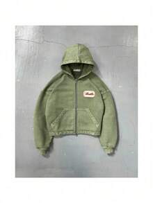 Street Style Zip Hoodie - Unisex Heavyweight Printed Sweatshirt With Full-Zip - Olive Green - View 2