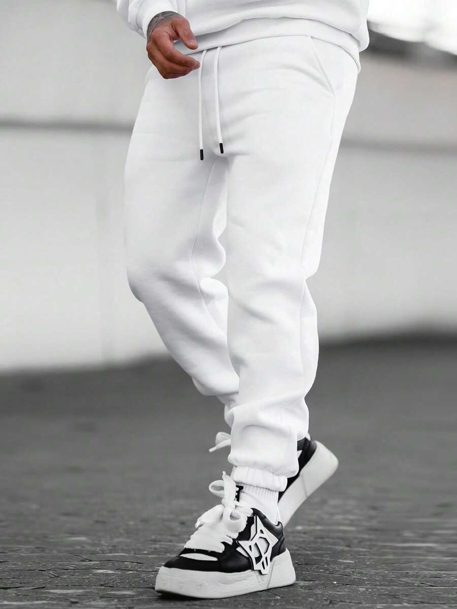 Pantalones casuales de ajuste holgado para hombres, con cordón, hasta el tobillo, de felpa delgada, para primavera/otoño - Blanco - Ver 1