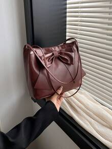 纯色 PU 皮革蝴蝶结装饰轻便时尚女士大容量单肩包，优雅女士手提包 - 咖啡棕 - 查看 5