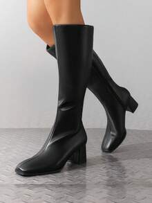 Women's Square Toe Knee-High Boots Block Chunky Heels And Zip Closure Festival Party Gogo Boots For Fall And Winter - màu đen - Xem 3