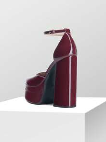Women High Heels Chunky Platform Pumps Square Toe Ankle Strap Festival Party Prom Red Pumps Shoes For Fall And Winter - 酒紅色 - 查看 7