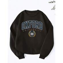 Oxford University Alphabet Print Women'S Sweatshirt, Crew Neck, Thickened Lined Long Sleeve, Fall/Winter Fashion, 100% Polyester Knit Fabric, 250gsm - Black - màu đen - Xem 1