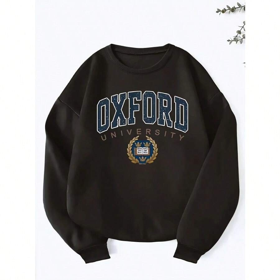Oxford University Alphabet Print Women'S Sweatshirt, Crew Neck, Thickened Lined Long Sleeve, Fall/Winter Fashion, 100% Polyester Knit Fabric, 250gsm - Black - màu đen - Xem 1