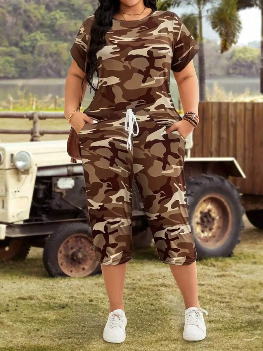 Plus Size - Plus Size Women'S Fashion Two-Piece Suit, Camouflage Print Round Neck T-Shirt And Cropped Pants Set, Camouflage Casual Two-Piece Suit - màu nâu - Xem 1