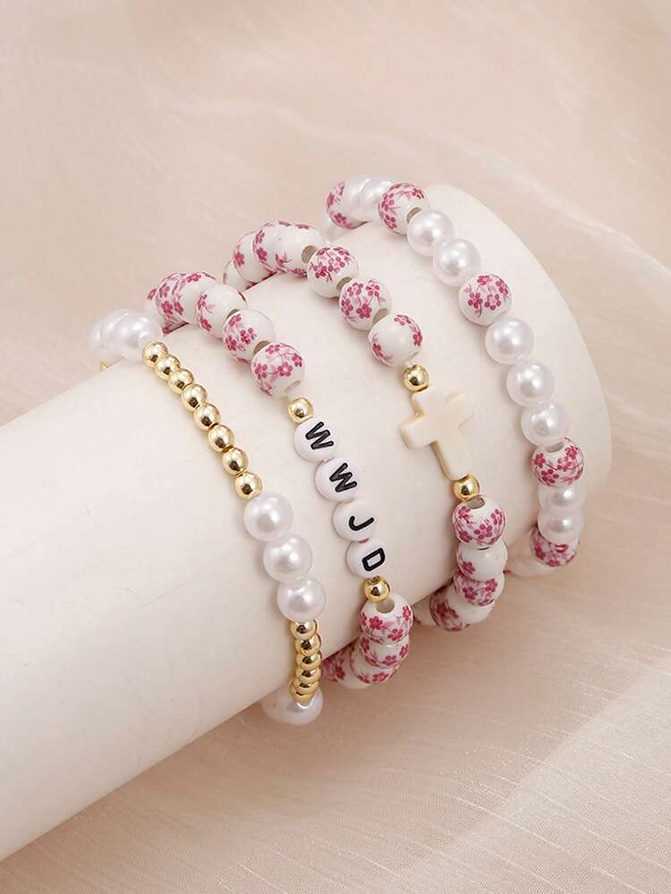 4PCS Fashion New Bohimian Boho Style And Elegant Blue And White Porcelain Faux Pearl Beaded Golden Beaded WWJD(What Would Juses Do) Bracelet Jewelry For Women Men Jesus Bracelets Faith Easter Christian Jewelry Birthday Gift, Anniversary Gift,Christmas Gifts - Pink-white - View 15