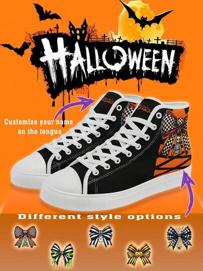 Halloween Women's Custom Name And Style High-Top Sneaker Shoes, Multiple Bow Style Options, Lightweight Comfortable Soft Bottom High Top Sneakers For Women, High-Top Skateboard Shoes, Personalized Fun Unique Gift For Mom/Dad/Her/Him/Girlfriend/Boyfriend/Wife/Husband/Friend