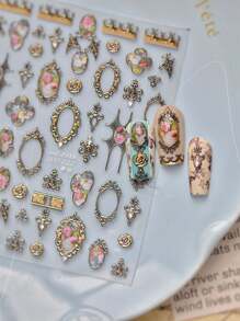 1 张 3D 复洛克风格指甲贴，金色金属浮雕玫瑰和框架贴花，优雅宫廷风格美甲装饰滑块，适合 DIY 美甲