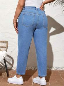 Plus Size High Stretch Denim Straight Leg Jeans With Zipper And Pockets - Xanh nhạt - Xem 4