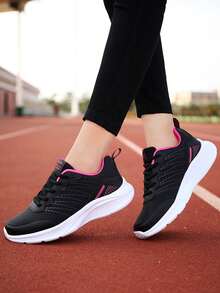 1 Pair Women's Casual Lightweight Comfortable Solid Color Running Shoes, Black & Rose Red, Non-Slip Hiking Shoes, 2025 New Winter Lace-Up Leather Waterproof Low-Top Outdoor Sports Shoes For Women