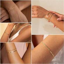 6 - Piece Set Of 14K Gold - Plated Waterproof Thin Dainty Stackable Women's Bracelets - Cuban Link & Paperclip Chain,  Fashion Accessories For Daily Wear & Parties, Perfect Gift For Her - 金色 - 查看 5