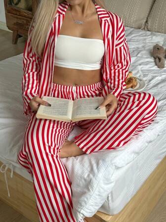 Nina Bonheur 2pcs Women Loose Button Striped Long Sleeve Top And Elastic Waist Pants Lounge Set, Winter Clothes