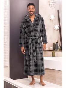Mens Robe With Hood, Plush Fleece Hooded Mens Bathrobe, Big And Tall Bath Robe For Menhalloween - Gray Plaid - View 4