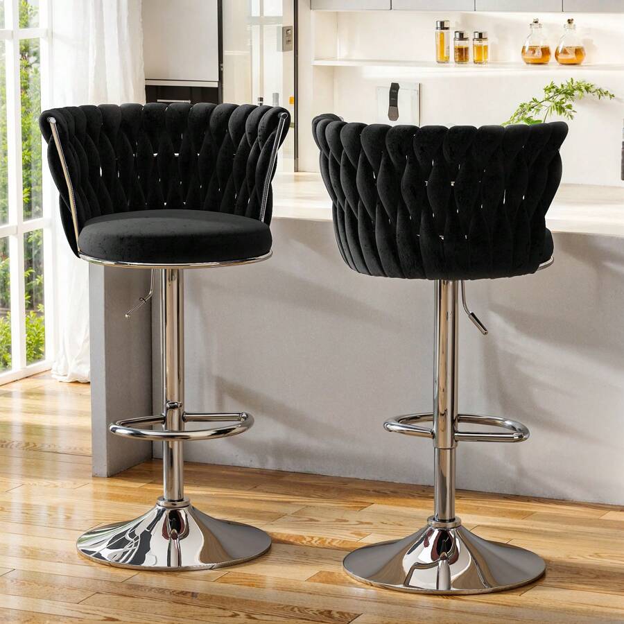 LAMERGE Stylish Bar Stool Set With Backrest Footstool Rotatable, Adjustable Cushion, Kitchen Island Chair, Four Colors, Metal Support(2pcs)