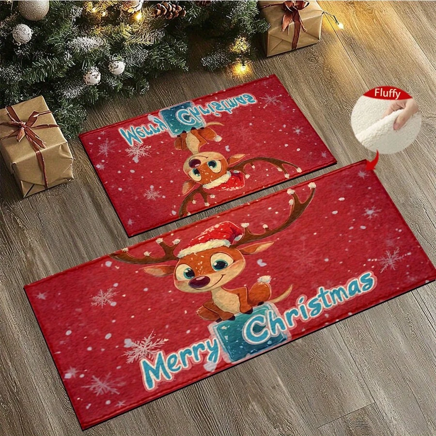 1pc Christmas Reindeer Pattern Bathroom Anti-Slip Mat, Made Of Faux Cashmere Material, With Plush Decoration, Suitable For Bathrooms, Doorways, Kitchens And Other Occasions. It Can Be Machine Washed. It Is A Festive Decoration And Can Be Given As A Give - Multicolor - View 1