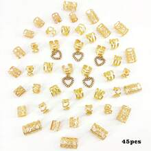45pcs Heart Shaped Hair Scrunchies Accessories, Metal Hollow Adjustable, Fashion Minimalist Braiding Beads, Suitable For Girls In Summer - Gold - View 7