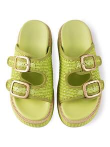 Platform Sandals For Women Raffia Espadrille Wedges Summer Beach Sandals Woven Straw Crochet Sandal Adjustable Double Buckle Strap Rattan Flats - 綠色 - 查看 5