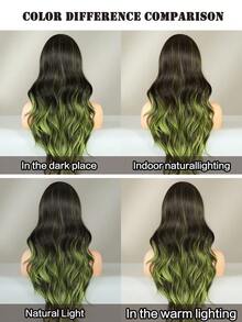 24 Inch Long Wavy Black Green Highlight Wig With Curtain Bangs For Women Heat Resistant Fiber Hairpiece,Natural Synthetic Full Machine Hair Wigs For Daily Music Festival Party Wear, Cosplay Halloween & Street Photography Use - 挑染綠色 - 查看 8