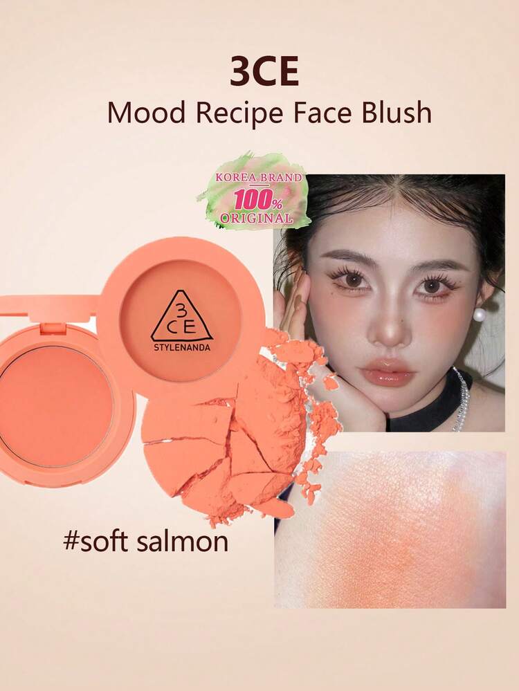 3CE Mood Recipe Soft Salmon Blush, Velvety Matte Texture, Mousse-Like Smoothness, Gradient Glow, Brightens Complexion, Oil Control, Easy To Blend, Highlight Eye Area, 3D Sculpting, Magnetic Embossed Compact, Finger Groove Design, Korean Cosmetics - Soft Salmon - View 1