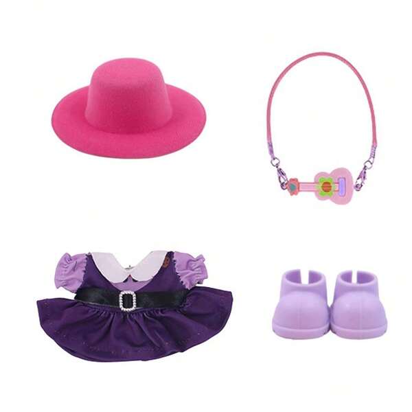 [仅限娃娃衣服] 第 1、2、3 代派对娃娃服装套装，名人同款娃娃衣服，包括：1 件连衣裙 + 1 顶帽子 + 1 个吉他吊坠 + 2 只鞋子（不含娃娃）