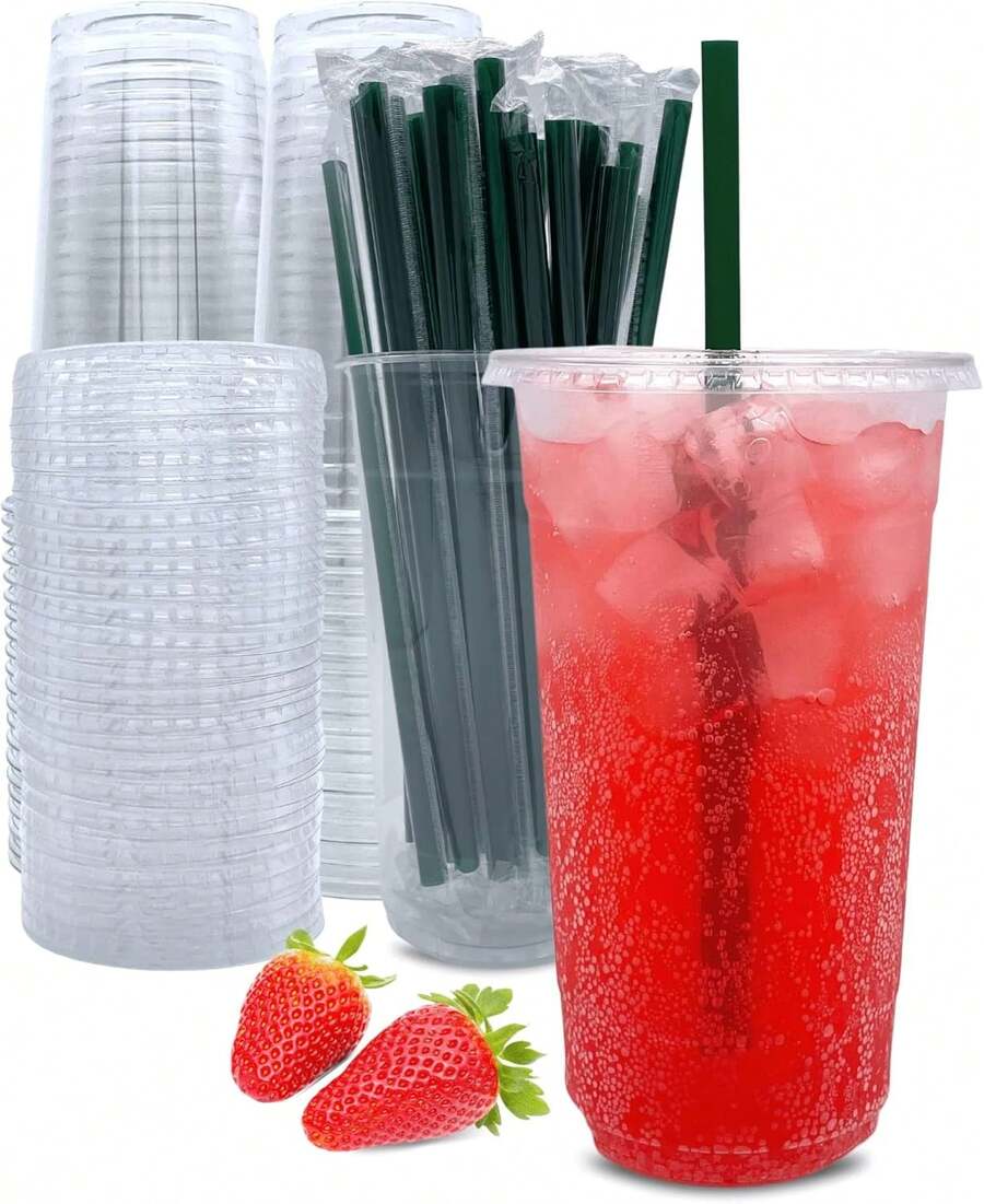 32 Oz Clear Plastic Cups With Lids And Straws, Disposable Coffee Cups 25 Sets - 16盎司杯 - 查看 1