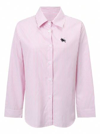 女士商务休闲衬衫，优雅女士刺绣上衣，适合母亲节，长袖条纹，日常穿着