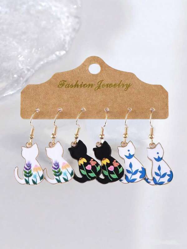 3 Pairs Colorful Floral Polka Dot Cat Shaped Dangle Earrings, Handmade Enamel Metal, Cartoon Boho Jewelry Accessories, Cute For Women, Suitable For Daily Casual, Festivals, Birthday Parties, Anniversary Gifts