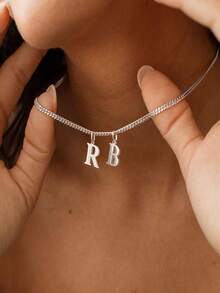 1 Stylish And Simple Original Sliced Stainless Steel A-Z, 26 English Initials Pendant With Both Sides Polished Stainless Steel Women's Collarbone Chain Necklace - Silver - View 4