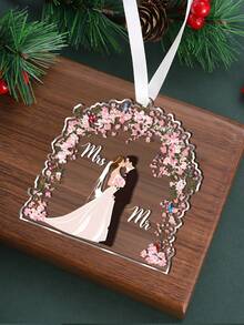1pc Just Married Wedding Ornament,First Year As Mr And Mrs ,Romantic Couple Gift,A Bride And Groom Kissing Under A Floral Arch, Christmas Tree Hanging Decorations, Christmas Anniversary Wedding Gifts, Acrylic Hanging Signs With Ribbon For Weddings Reception Decorations And Event Party Home Decor Christmas Decorations Room Decor