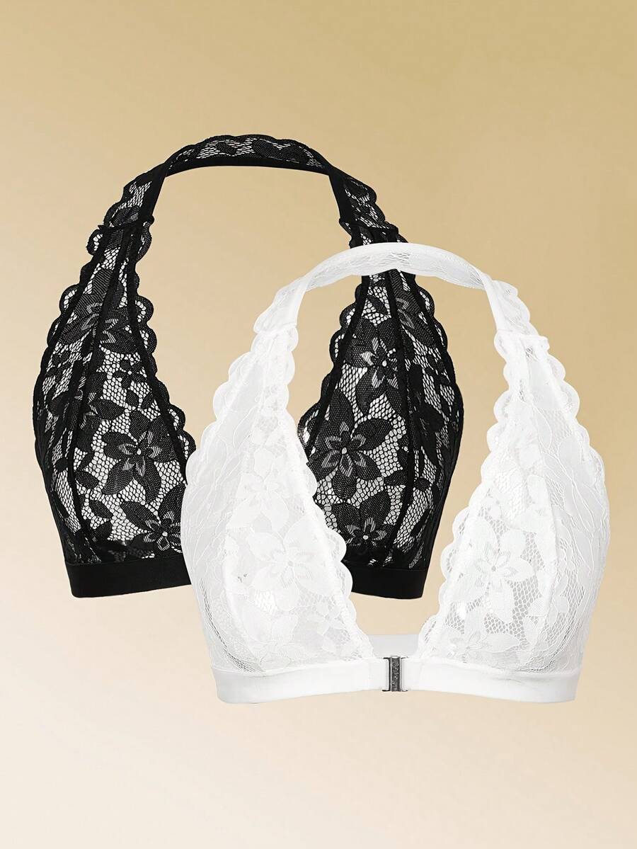 2 piezas Sujetador halter de encaje sexy de unicolor para mujer - Blanco y Negro - Ver 1